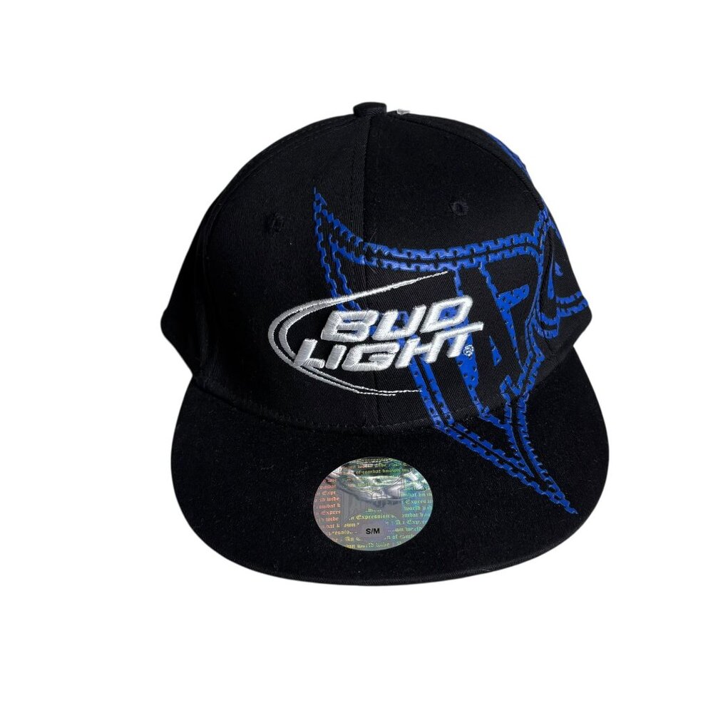 Tapout X Bud Light Fitted Hat S/M Black Blue Stitch Embroidery Tek Flex